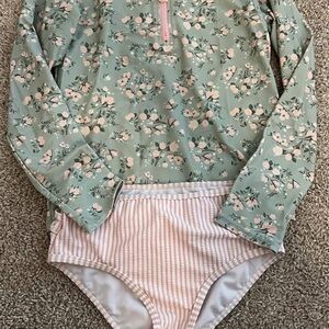 Ruffle Butts Mint Floral and Pink Striped Kids Swim Rashguard